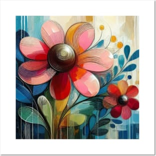 Abstract Pink Red Blue Flower and Leaves Posters and Art